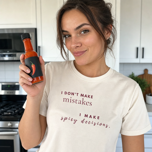 I Dont Make Mistakes I Make Spicy Decisions tee lifestyle photo, closeup hot sauce
