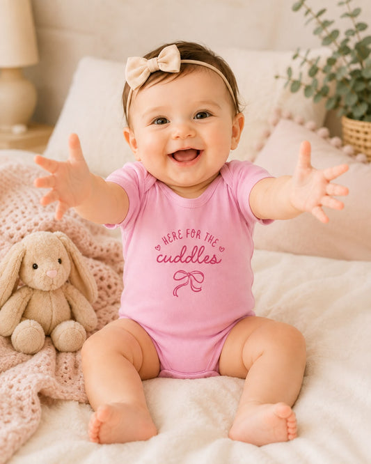Here for the Cuddles baby bodysuit lifestyle photo, pink, baby sitting up