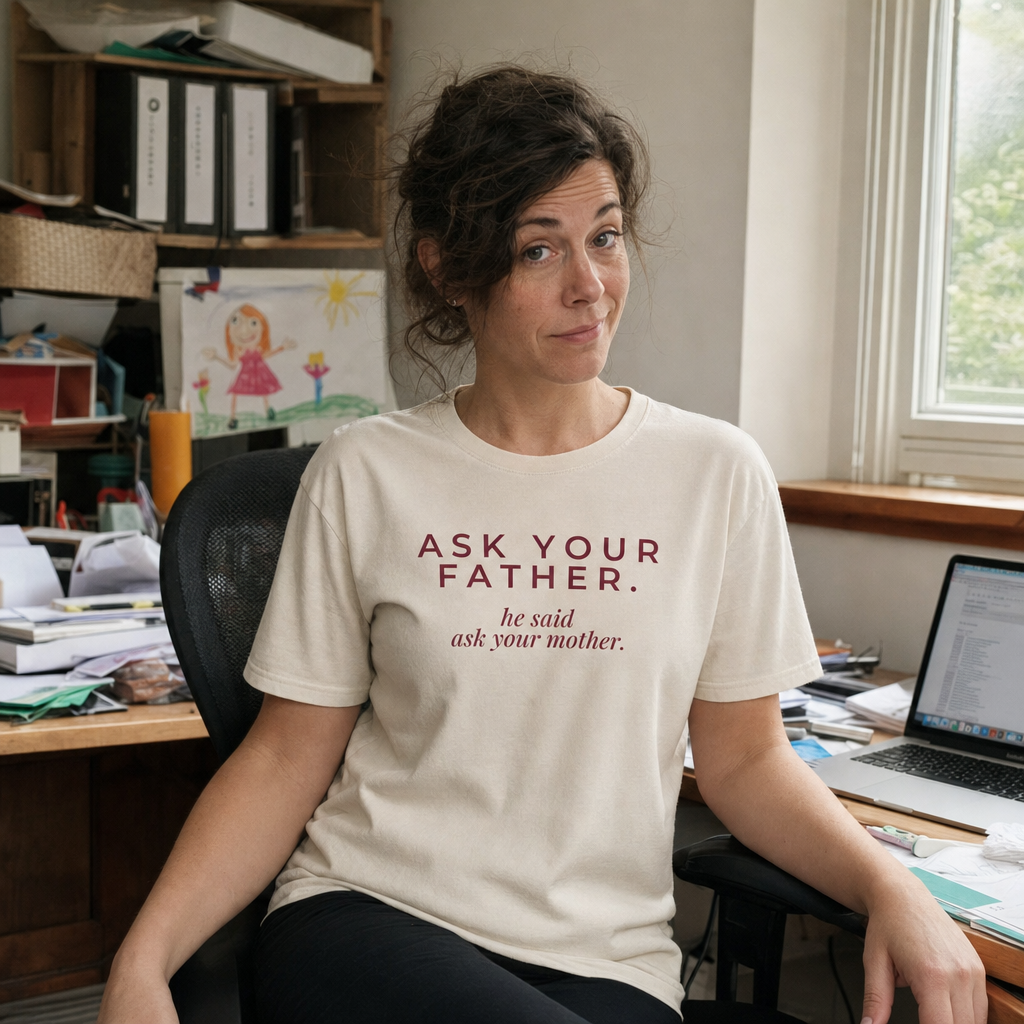 Ask Your Father tee worn as a gift, natural