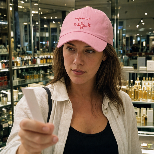 Pink classic cap embroidered “expensive & difficult” in red, worn at a perfume counter