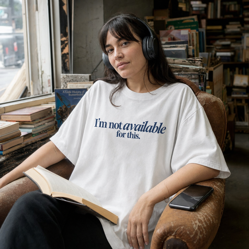 I'm Not Available for This oversized tee in Faded White in a bookshop