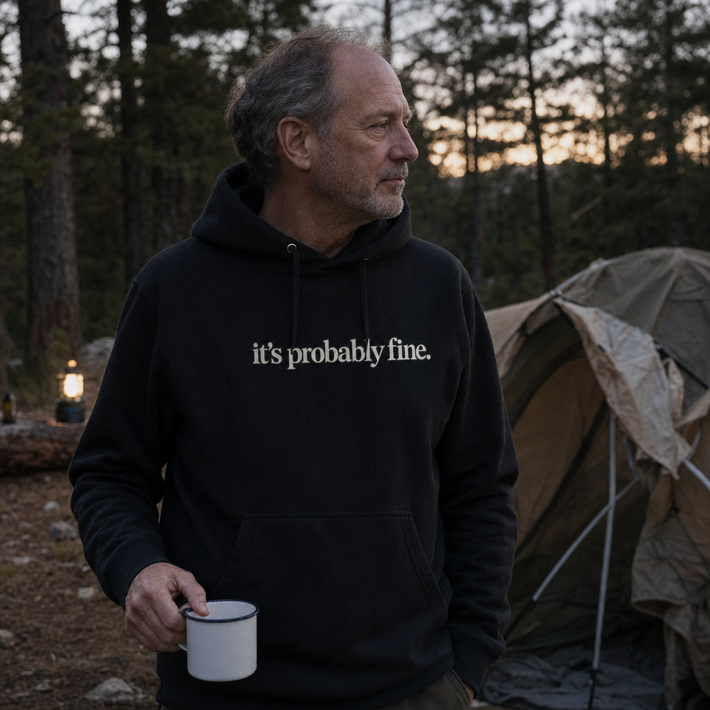 It's Probably Fine hoodie worn at a campsite