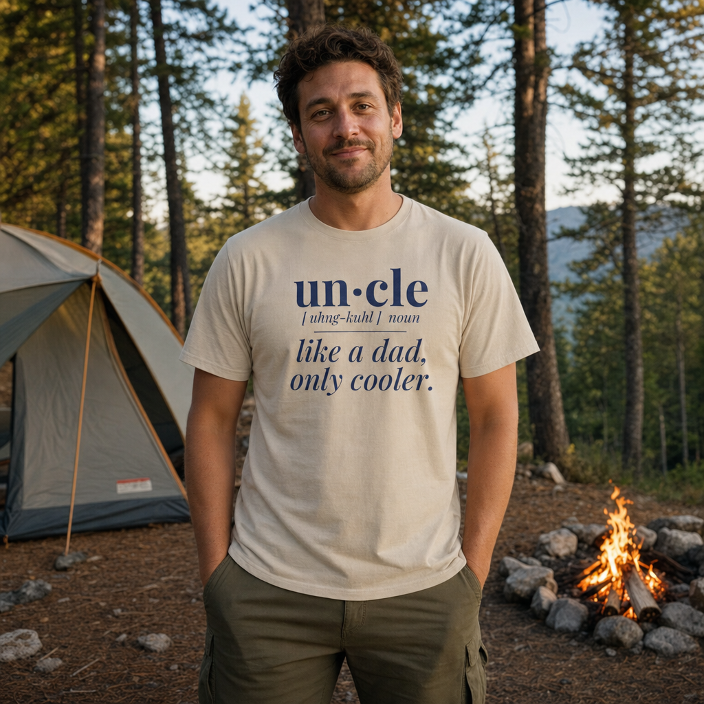 Uncle: Like a Dad, Only Cooler tee worn as a gift, sand