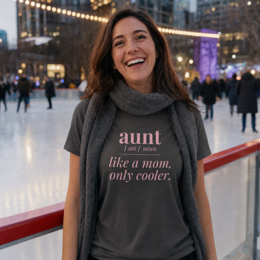 Aunt: Like a Mom, Only Cooler tee worn as a gift, charcoal