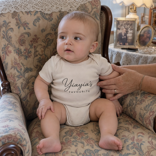 Yiayia's Favourite Organic Cotton baby bodysuit worn