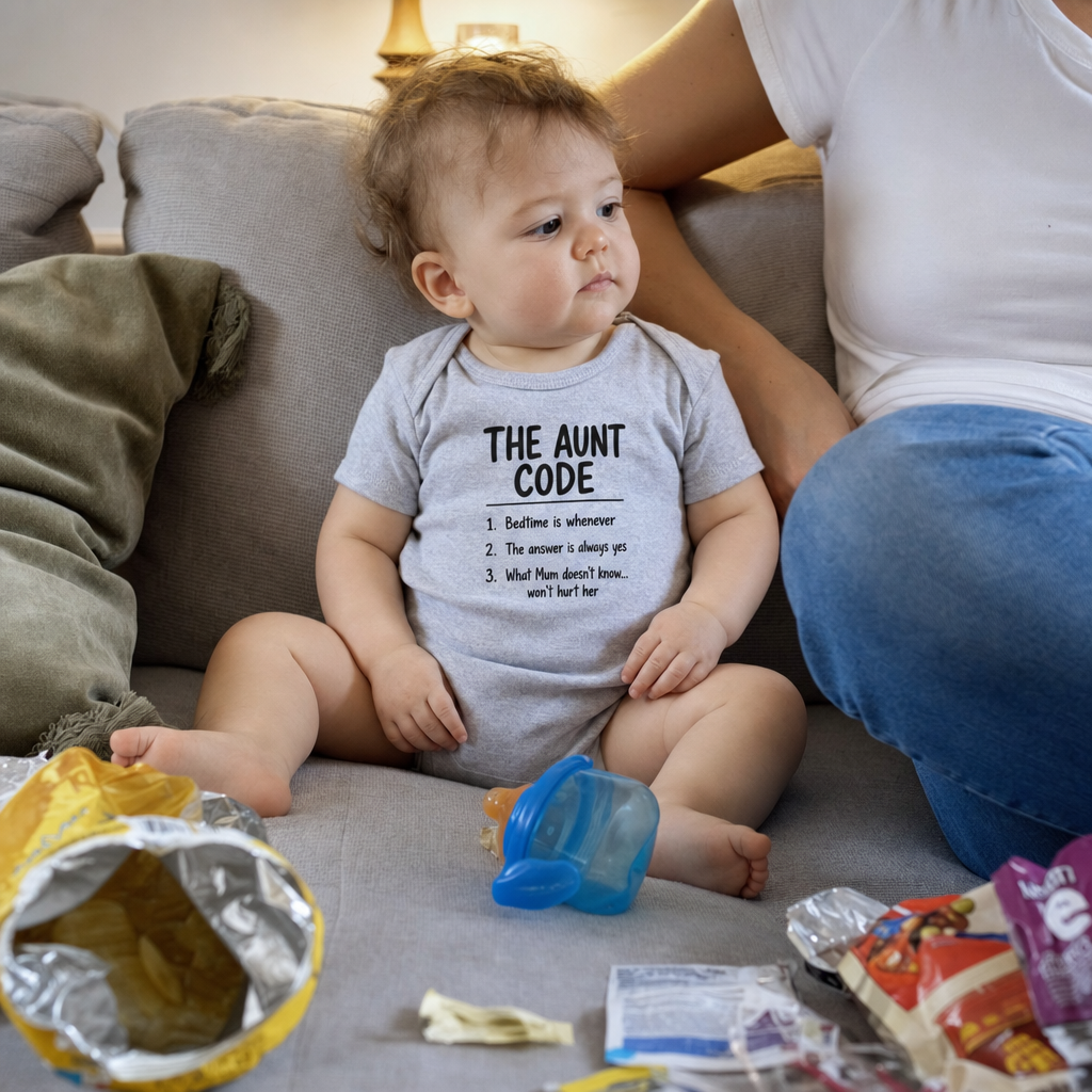 The Aunt Code baby bodysuit worn