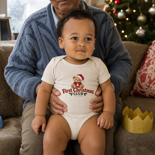 First Christmas Club organic cotton baby bodysuit on Christmas Day