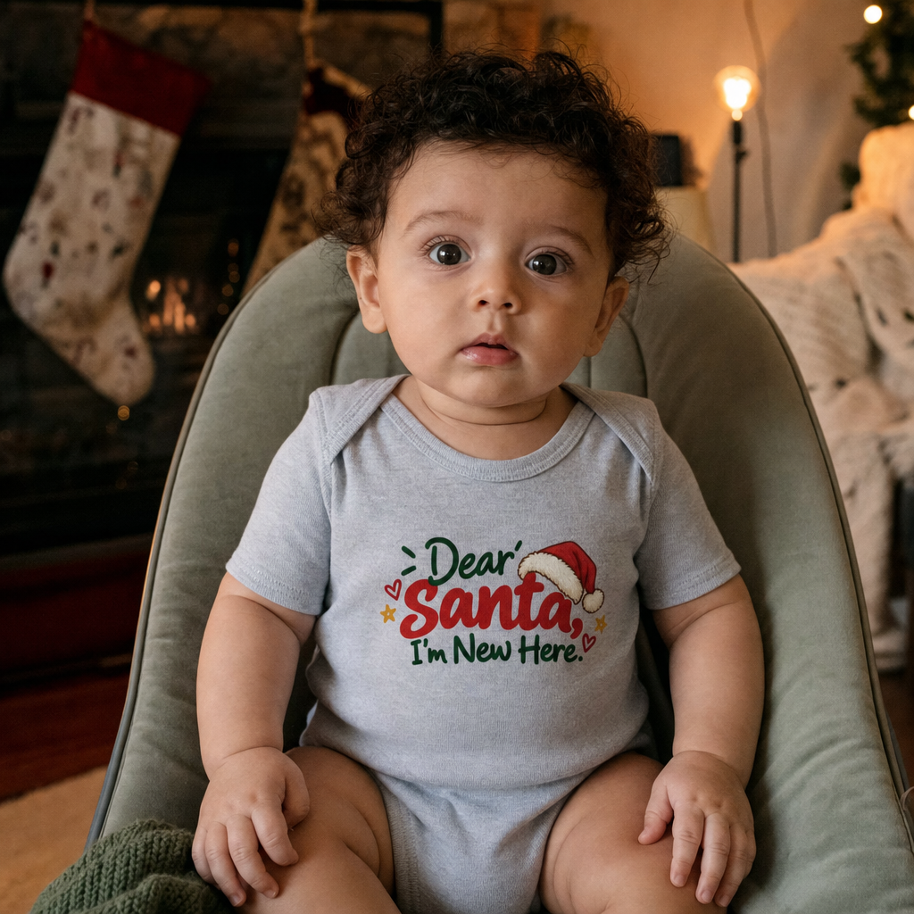 Dear Santa, I'm New Here baby bodysuit by the Christmas stockings