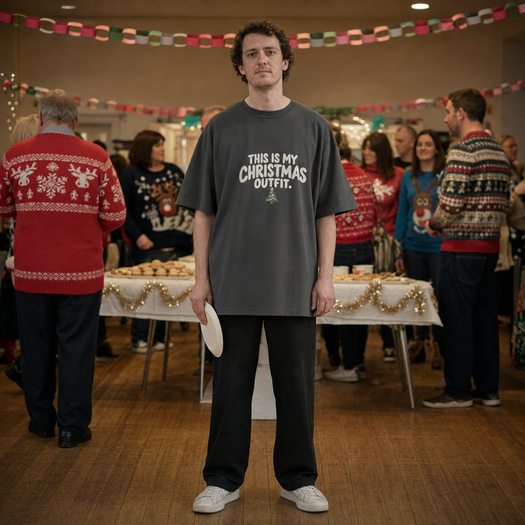 This Is My Christmas Outfit oversized tee worn at a Christmas jumper party
