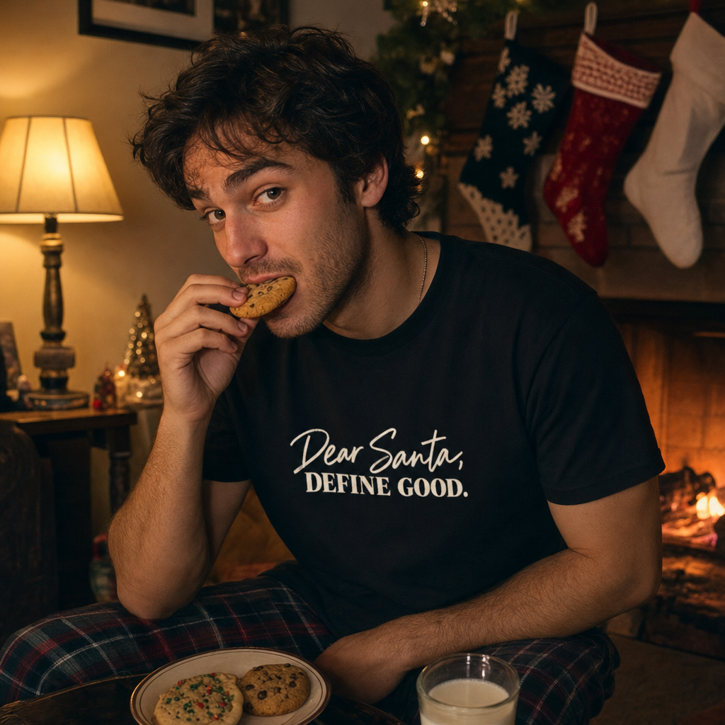 Dear Santa, Define Good tee worn while eating Santa's cookies by the fireplace