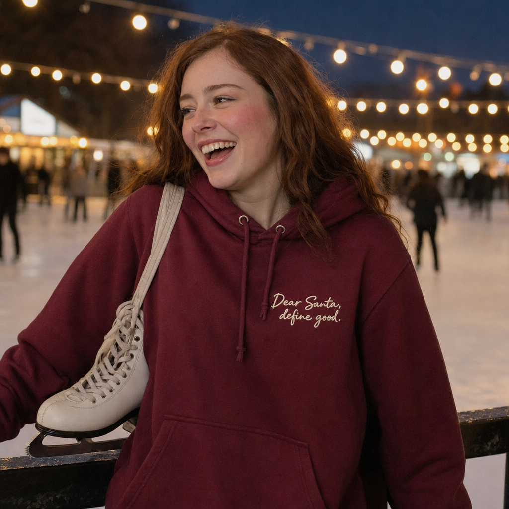 Dear Santa, Define Good hoodie worn at an outdoor ice rink at Christmas
