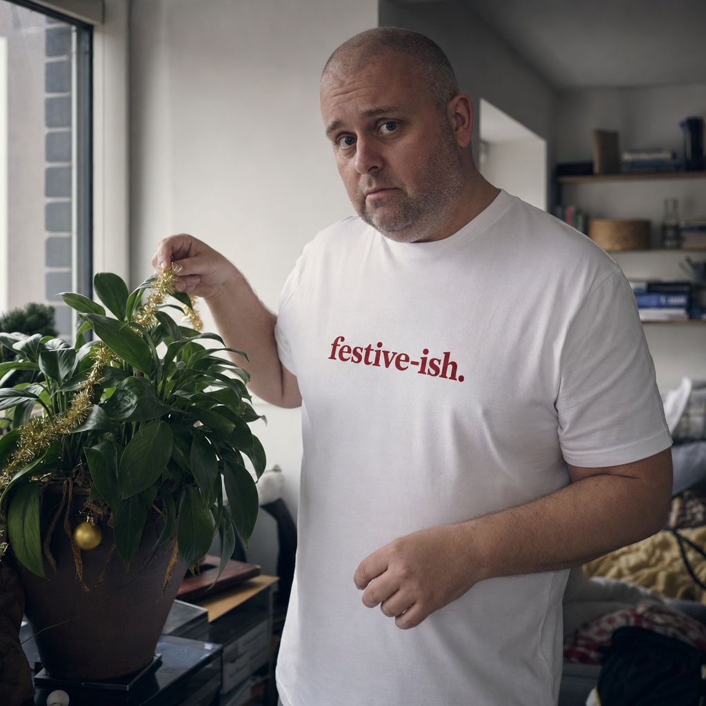 Festive-ish tee worn while putting tinsel on a houseplant