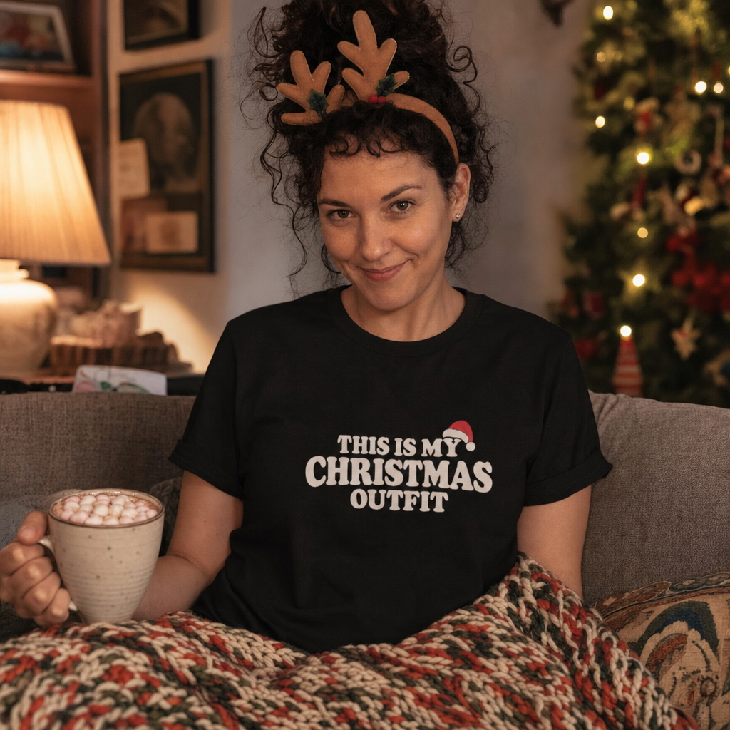 This Is My Christmas Outfit Santa Hat tee worn on the sofa with hot chocolate at Christmas