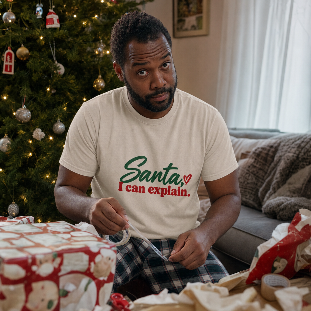 Santa, I Can Explain tee worn while re-taping an already-opened Christmas present