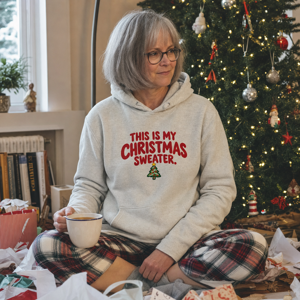 This Is My Christmas Sweater hoodie worn on Christmas morning by the tree