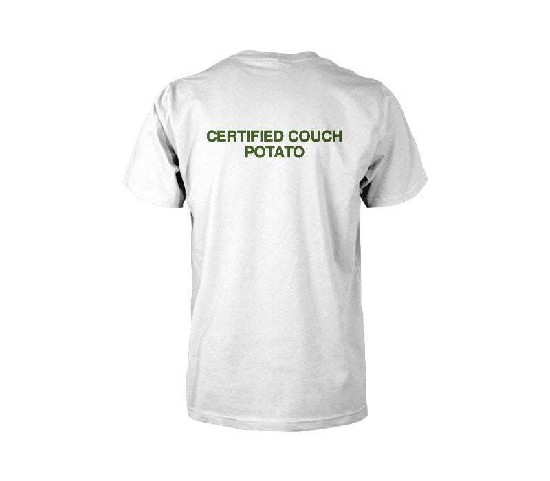 Certified Couch Potato Brutalist Typography Tee — male back TJ mockup